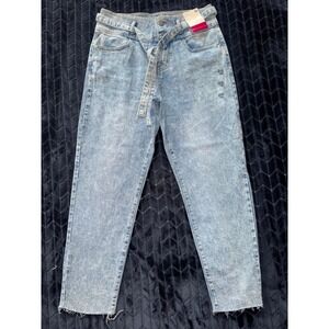 SO High Rise Mom‎ Jeans Acid Wash Belted Distressed Hem Denim Pants Size 30